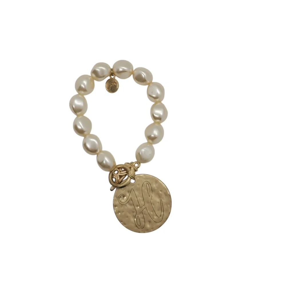 Initial H Pearl Toggle Stretch Bracelet Gold Tone Hammered Coin Medallion